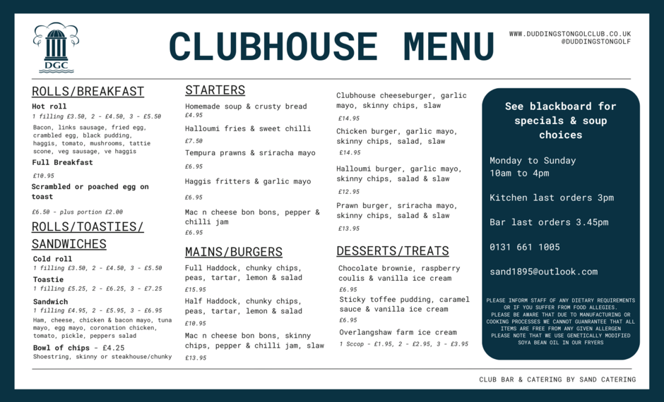 Clubhouse menu - as of February 2024